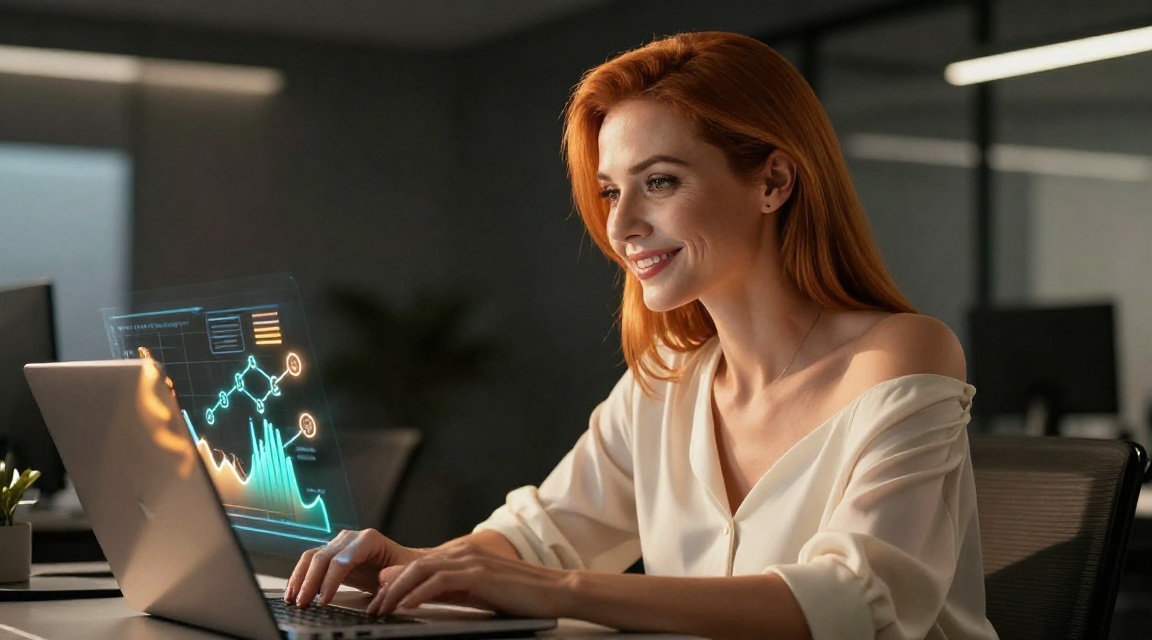 Уверенная женщина-продавец рассматривает результаты автоматизации создания карточек товара на ноутбуке, выражение…