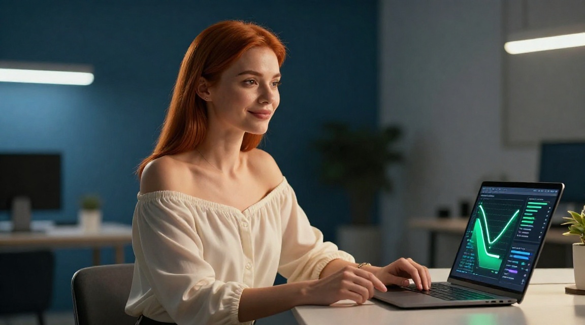 Уверенная женщина-продавец на маркетплейсе радуется снижению расходов на карточки товаров благодаря автоматизации…