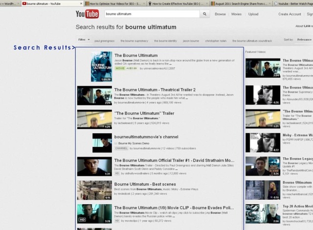 Когда пользователь ищет видео на YouTube, результаты отображаются на странице результатов поиска: