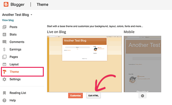 Под предварительным изображением блога необходимо нажать кнопку «Изменить HTML»